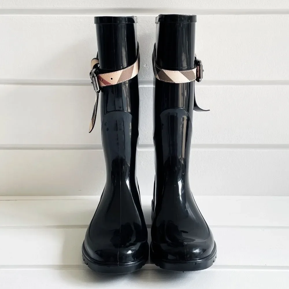 Burberry Kenyon Nova Check Belt Rain Snow Black Rubber Rain Boots Size 38/8 - Picture 5 of 14
